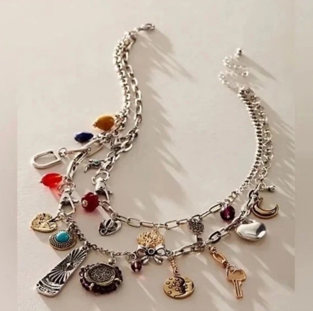 Free People Silver-Toned Multi-Charm Necklace with Colorful Gem Accents